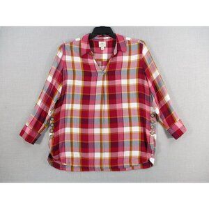 Womens Red Plaid 3/4 Sleeve Button Side Tunic Top Rayon Size M
